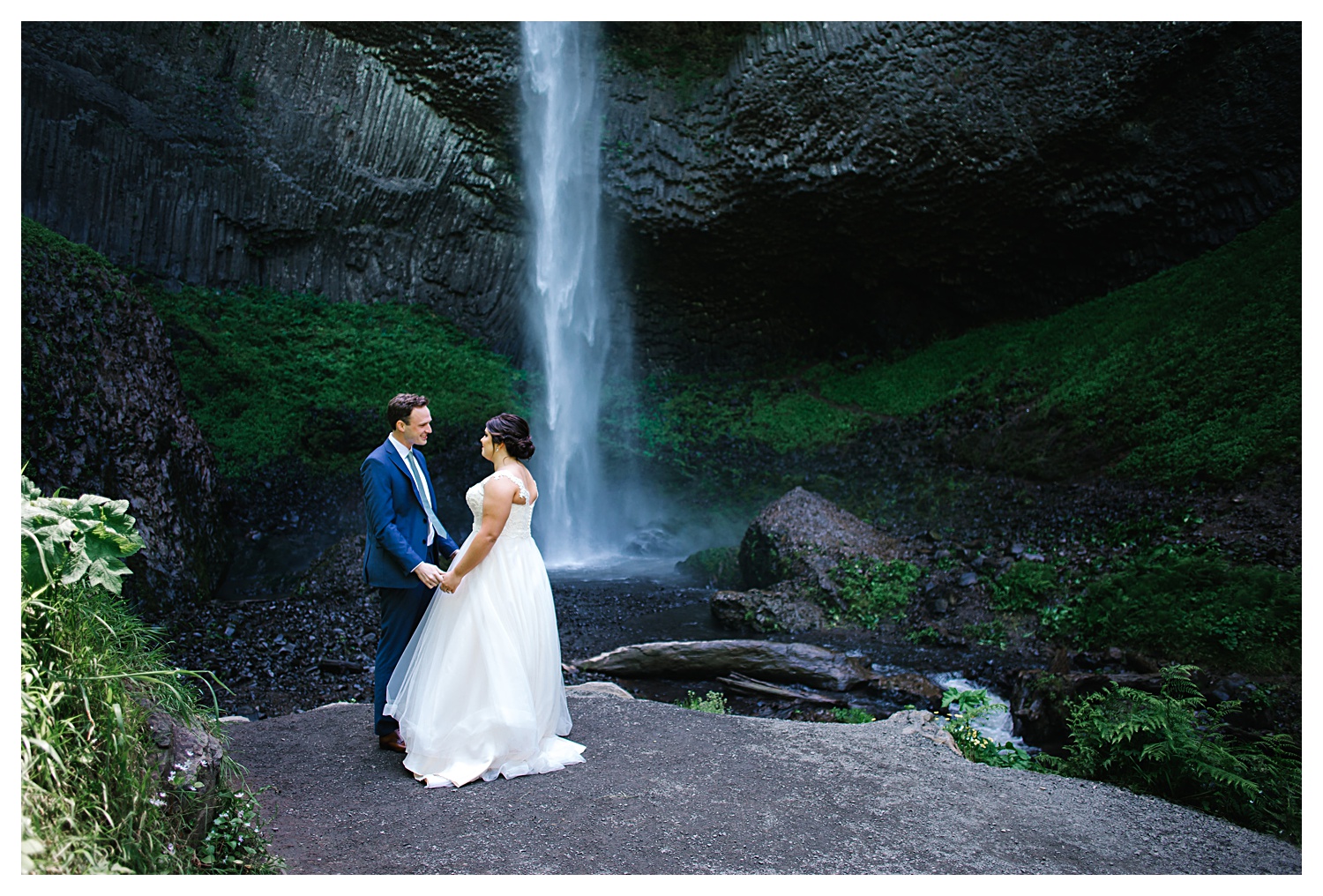 bride and groom at portland waterfall