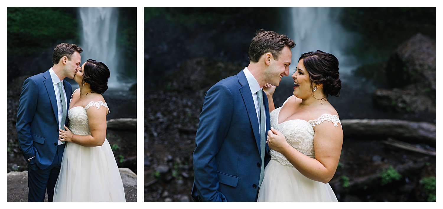 couple in wedding clothes at waterfall