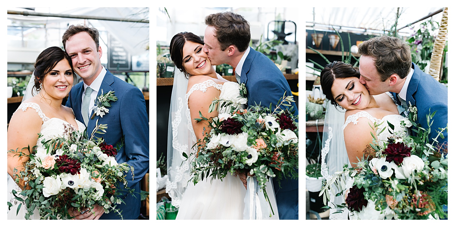 couple kissing in greenhouse