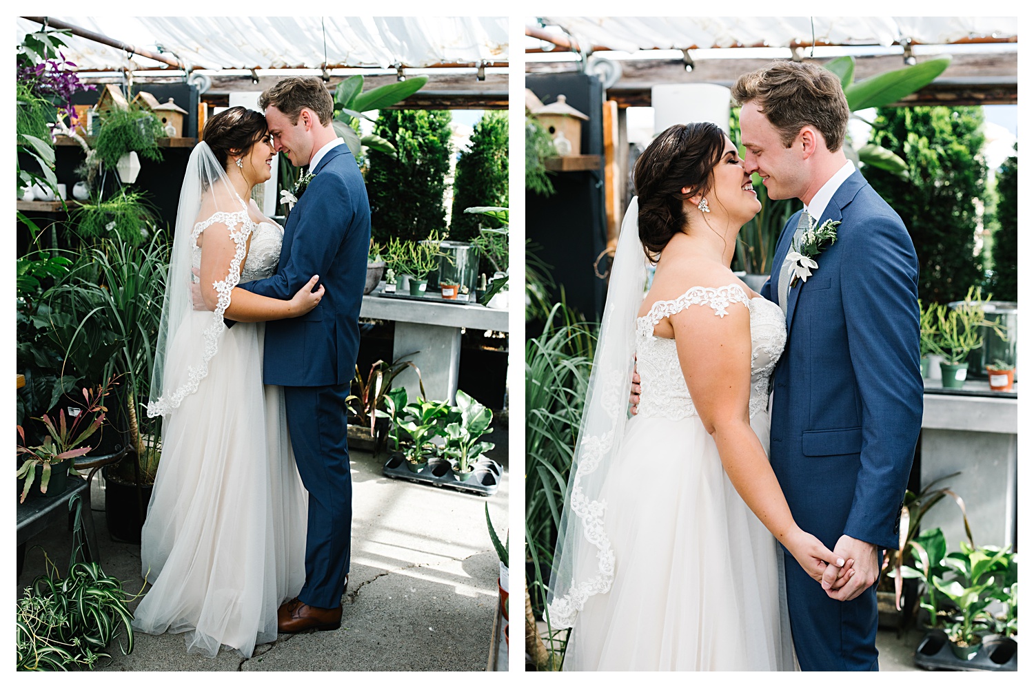 bride and groom in greenhouse