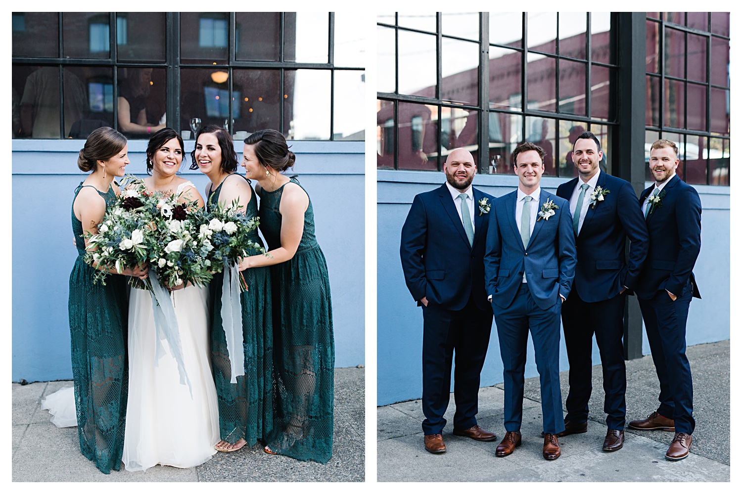 bride with bridesmaids and groom with groomsmen