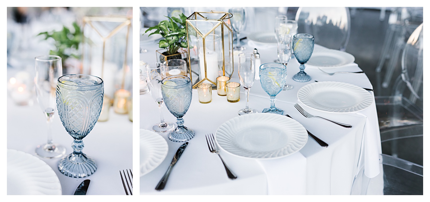 place setting at wedding blue gold white accents