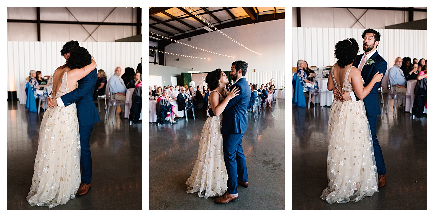 bride and groom first dance in hangar