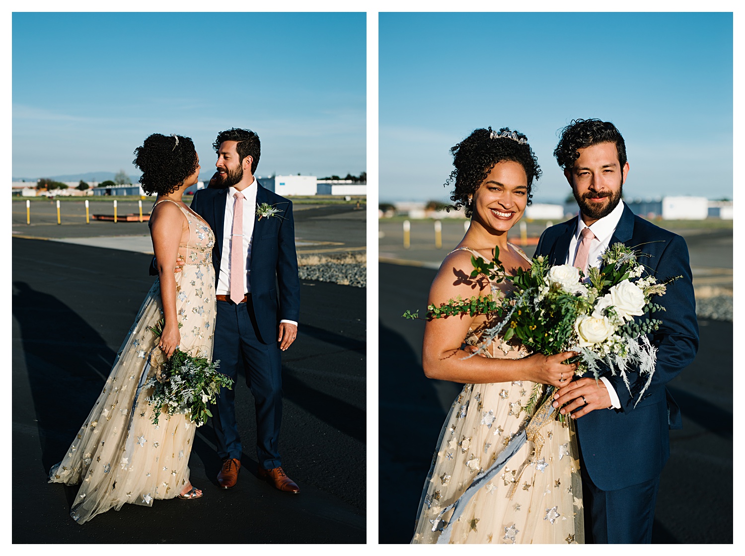 wedding couple on airport runway
