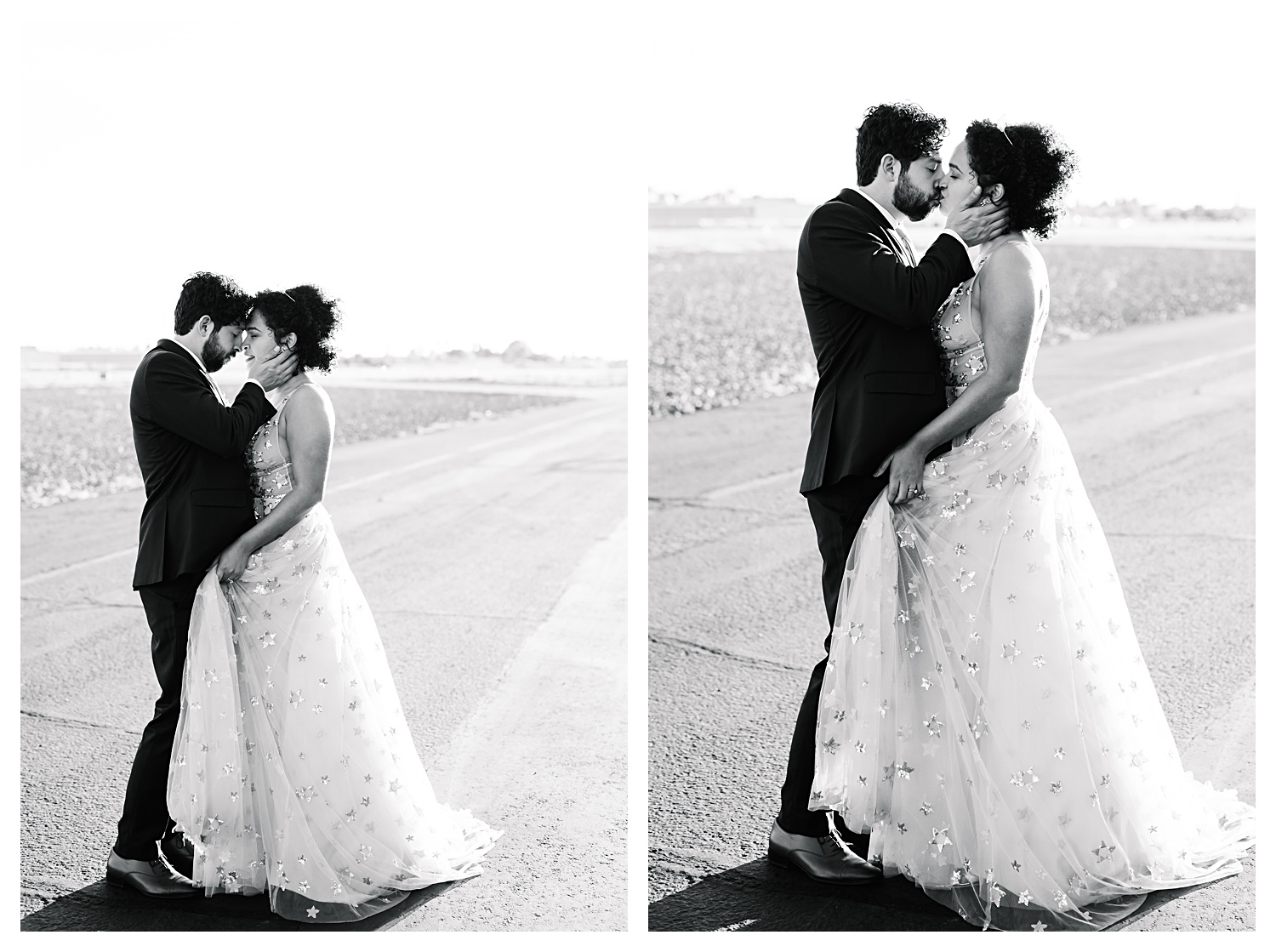 black and white wedding photo at airport hangar