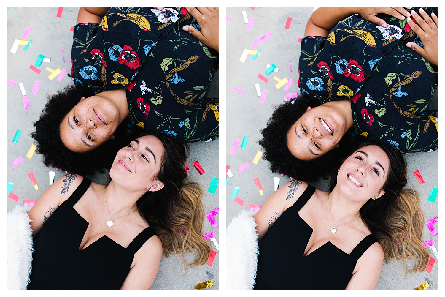 lesbian couple laying in confetti