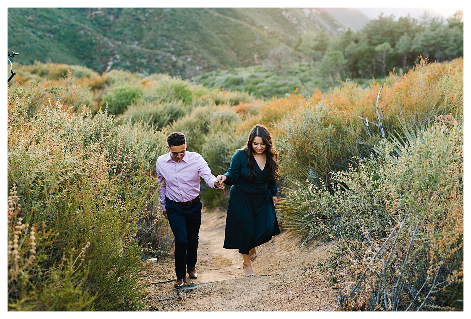 Angeles National Forest Engagement Photos couple walking trail in angeles national forest
