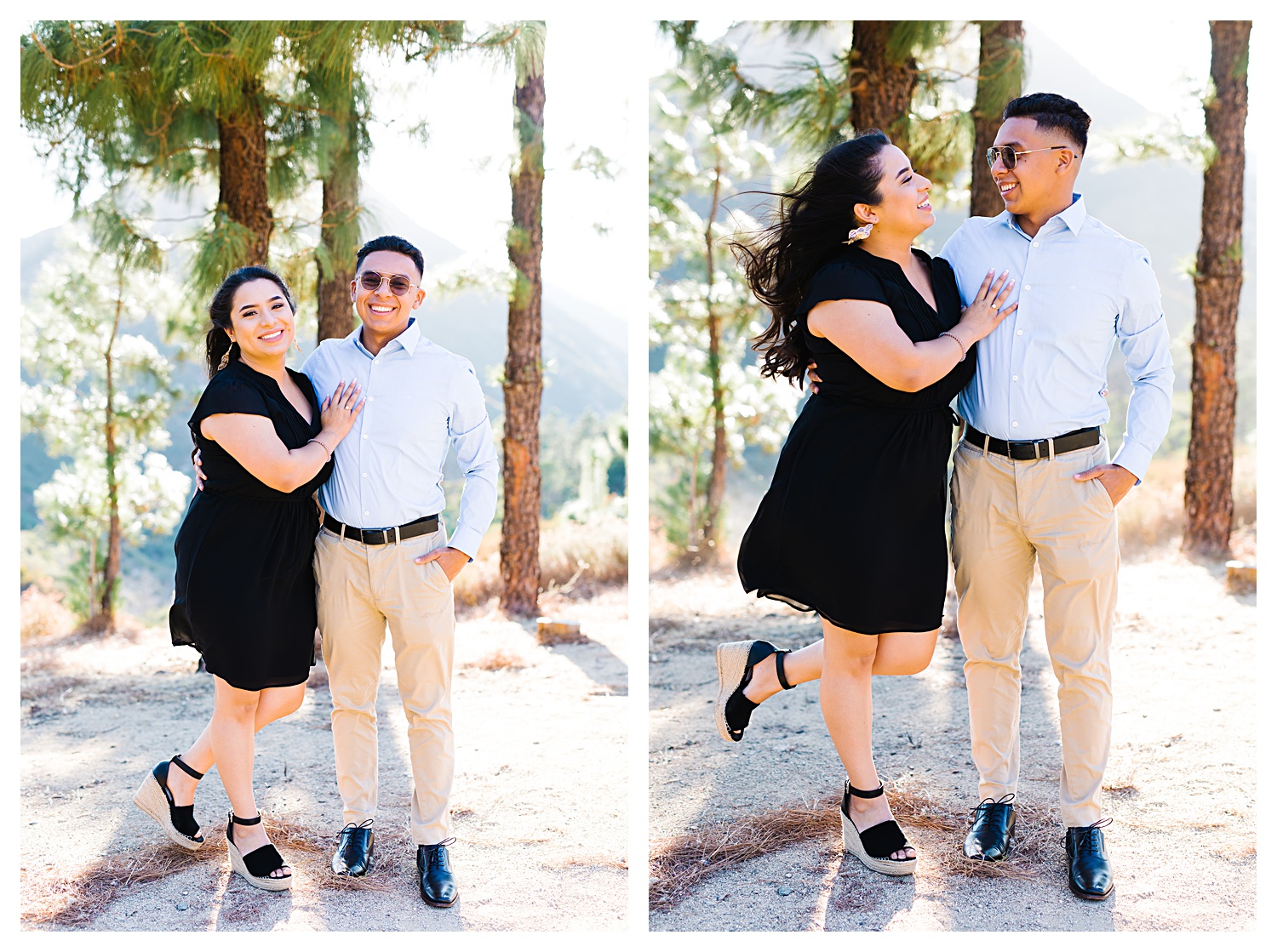 couple smiling in forest parking lot Angeles National Forest Engagement Photos