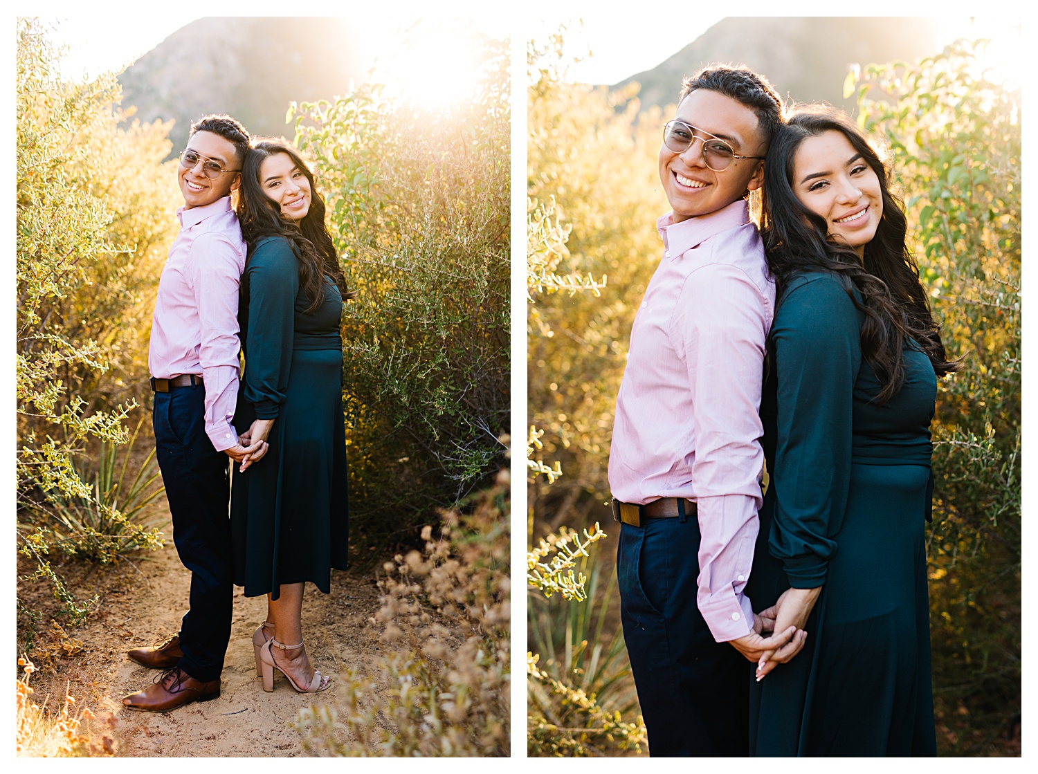 Angeles National Forest Engagement Photos couple back to back in forest with mountain view